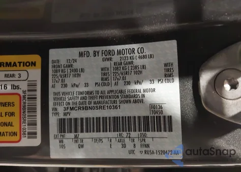 2025 Ford Bronco Sport Big Bend из США, поврежденный, VIN 3FMCR9BN0SRE10361